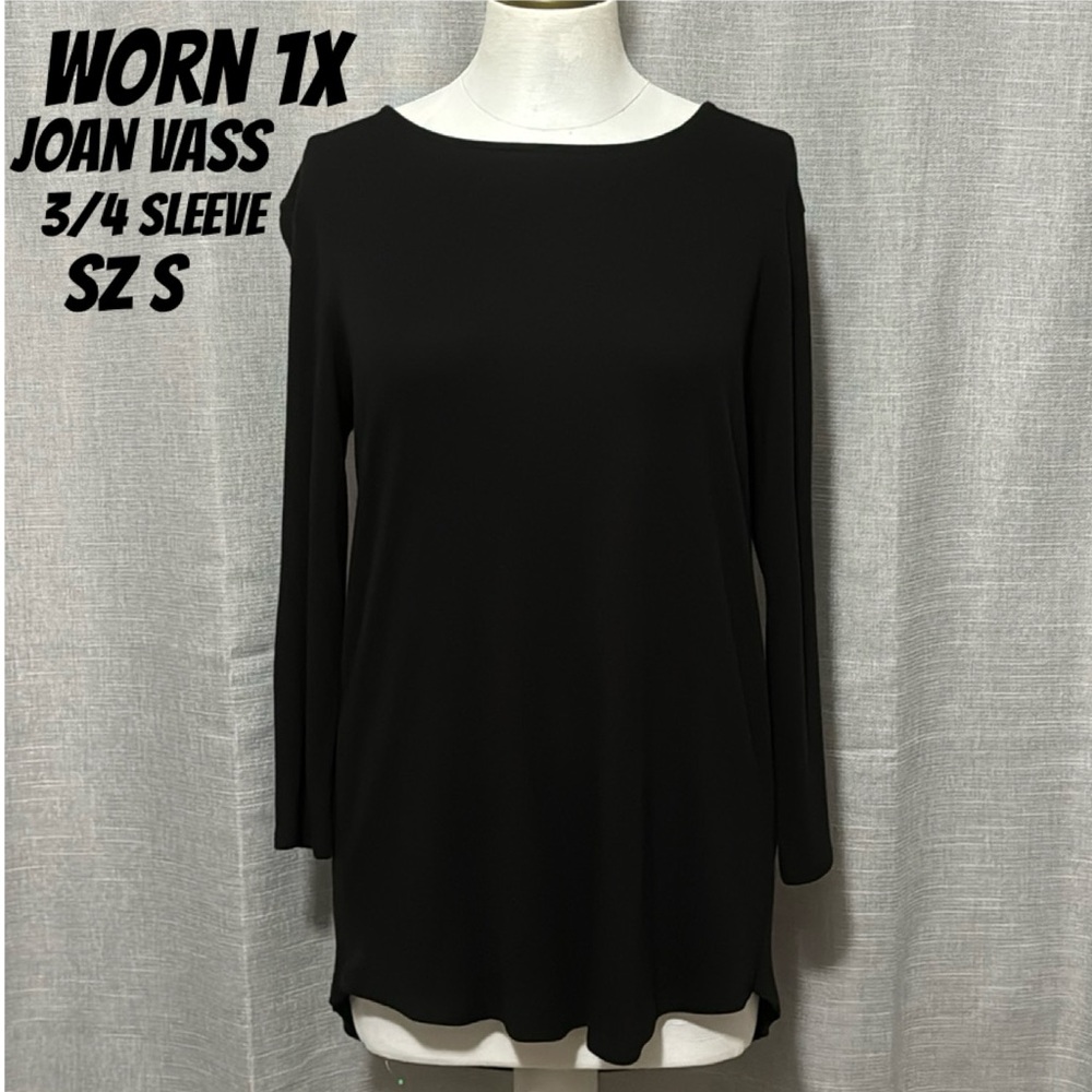 Worn 1X-Joan Vass 3/4 Sleeve Tunic Top-Black-Sz s-Cotton blend